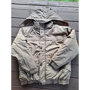 John Blair Mens Zip/Snaps Coat Size L Gray Lt. Blue Puffer Winter Warm w/Hood